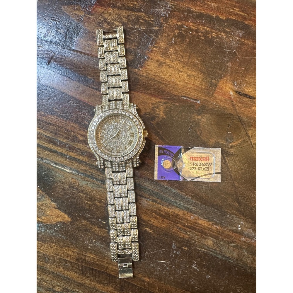 Techno Pave 7341 Iced Out Coin Dial Eagle Quartz Watch Mens Bling Gold Tone